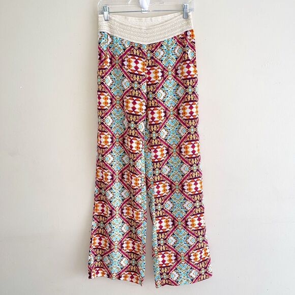 Stoosh Boho Pull On Pants Womens Size S Wide Leg Crochet Waist Flowy Colorful - Picture 2 of 12